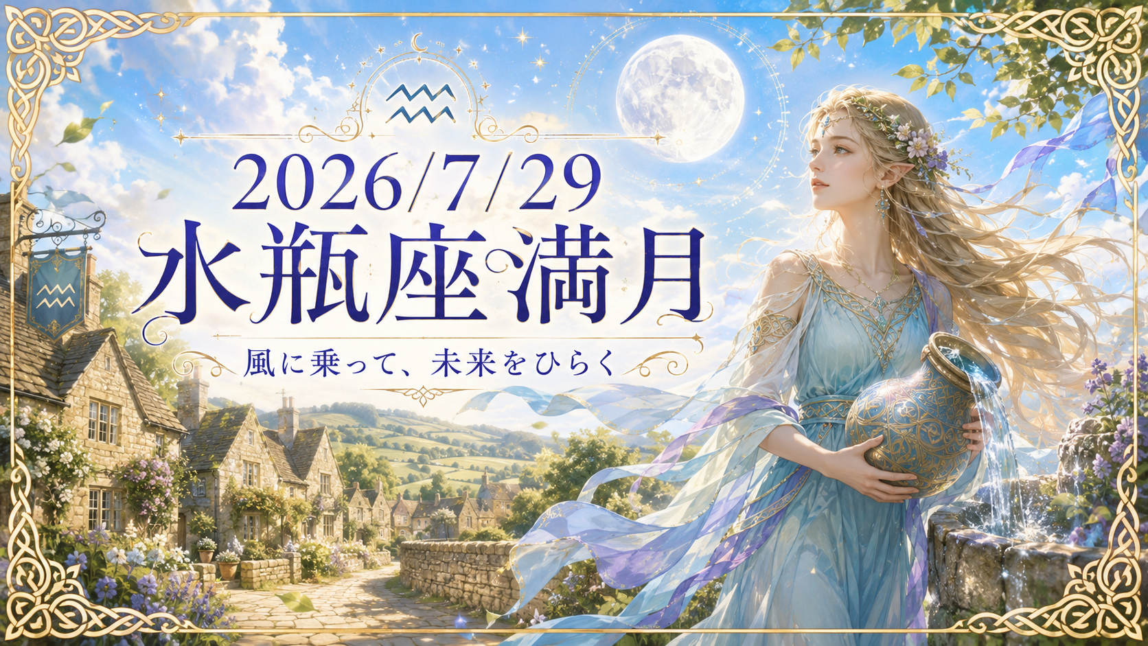 2026年7月29日水瓶座満月をテーマに、コッツウォルズ風の村で風を感じるエルフの女性が水瓶を抱く、爽やかな光に包まれたケルト風アイキャッチ画像