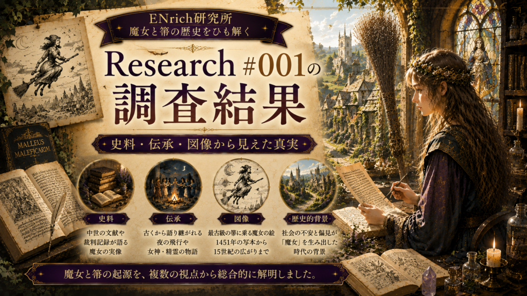 ENrich研究所のResearch #001として、魔女と箒の起源を史料・伝承・図像・歴史的背景から整理した調査結果を表現する、中世ヨーロッパ風の研究室と古書、箒を描いた見出し画像