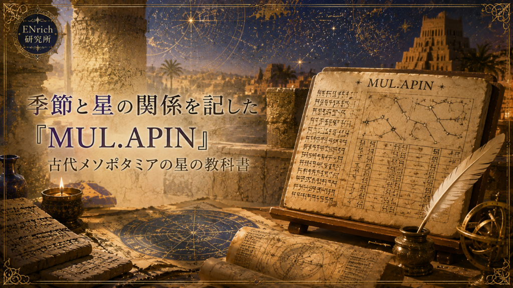季節と星の関係を記した古代メソポタミアの天文学文書『MUL.APIN』をテーマにしたENrich研究所の見出し画像。楔形文字の粘土板と星図、夜空、ジッグラトを描き、古代の人々による星の観察と記録を表現している。