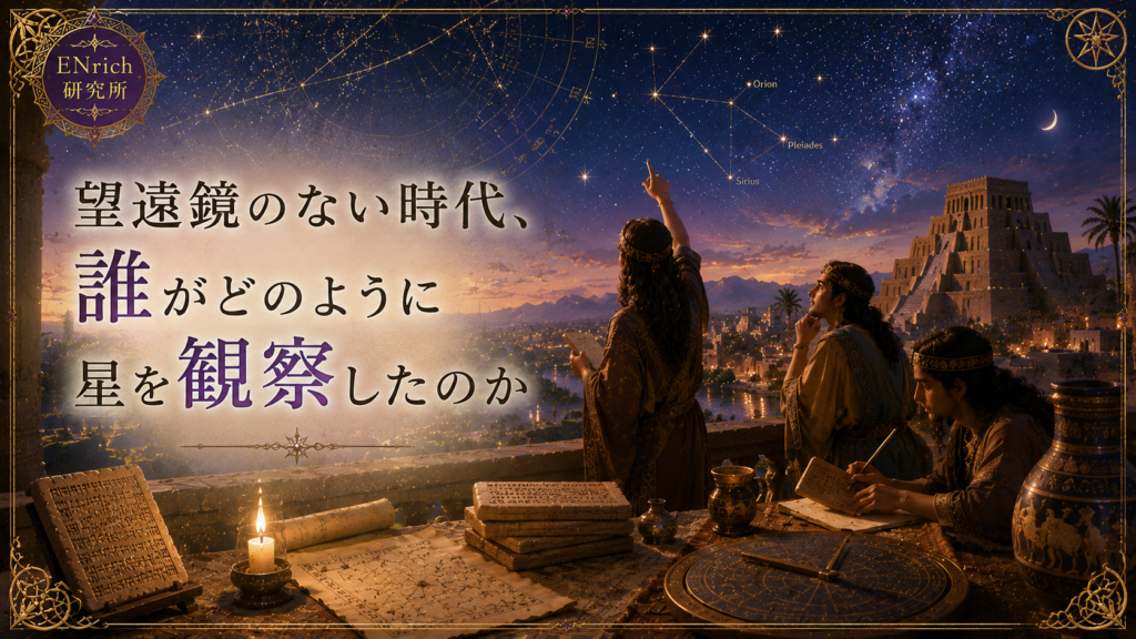望遠鏡がなかった古代の天体観測を描いたENrich研究所の見出し画像。古代メソポタミアの都市とジッグラトを望む高台で、人々が肉眼で星空を観察し、星の位置や動きを粘土板に記録している。