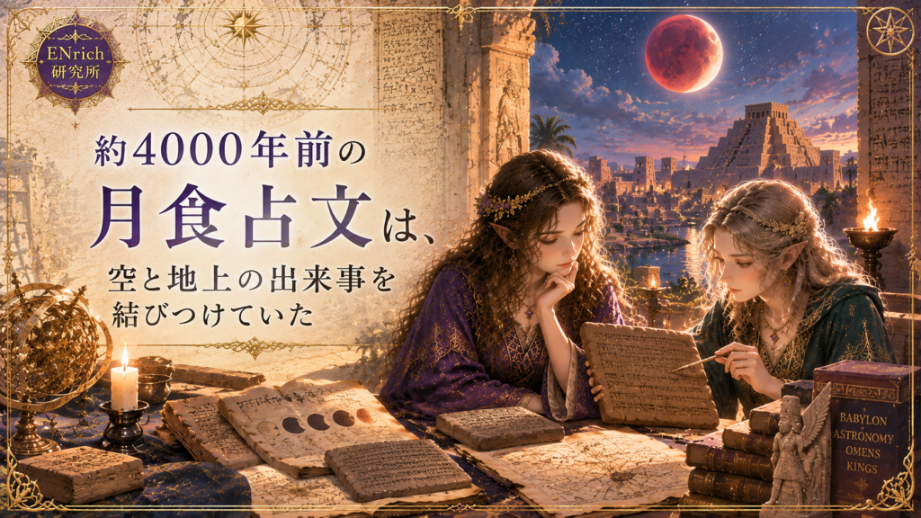 『エヌーマ・アヌ・エンリル』に記された天体の兆しを調査するENrich研究所の見出し画像。古代メソポタミアの都市と星空を背景に、二人の研究者が楔形文字の粘土板を比較しながら天体占いの体系化を読み解いている。