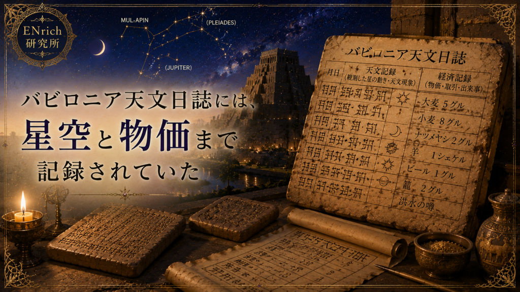 星空と物価など地上の出来事を記録したバビロニア天文日誌をテーマにしたENrich研究所の見出し画像。星空と古代バビロニアの都市を背景に、天体観測と社会・経済の記録を残した楔形文字の粘土板を描いている。