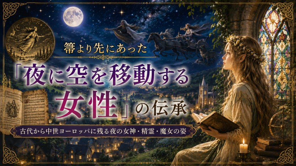 月夜のコッツウォルズ風の村を背景に、ケルト風のエルフの女性が古書を読み、夜に空を移動する女神や精霊の伝承を表現した見出し画像