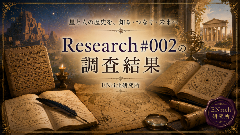 人はいつから星を占ったのかを探ったENrich研究所Research #002の調査結果をまとめる見出し画像。楔形文字の粘土板、古代の星図、黄道十二宮、天球儀、メソポタミアとギリシャ世界を描き、天体観測から占星術へ続く長い歴史を表現している。