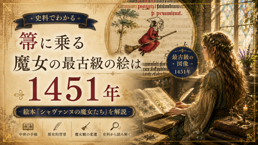 羊皮紙風の中世写本と古書のある部屋を背景に、箒に乗る魔女の最古級の図像が1451年に描かれたことを示す、ケルト風の歴史解説アイキャッチ画像