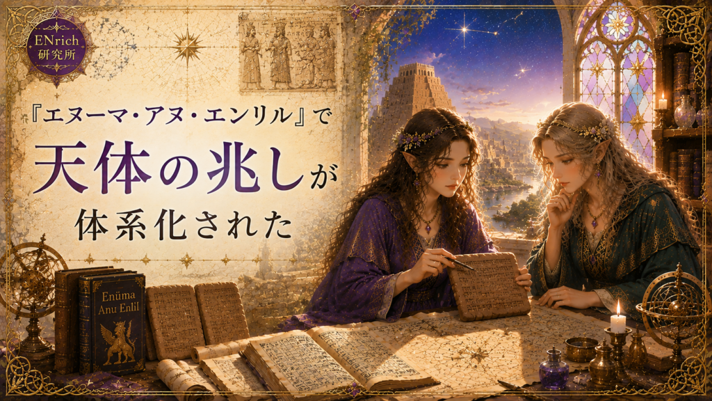 『エヌーマ・アヌ・エンリル』に記された天体の兆しを調査するENrich研究所の見出し画像。古代メソポタミアの都市と星空を背景に、二人の研究者が楔形文字の粘土板を比較しながら天体占いの体系化を読み解いている。
