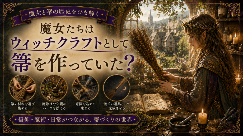 コッツウォルズ風の村を望む魔女の作業部屋で、ケルト風の女性が枝や薬草を束ねて箒を作り、ウィッチクラフトとしての箒づくりや魔術・信仰・日常道具のつながりを表現した見出し画像