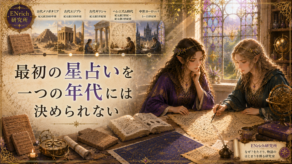 星占いの始まりを一つの年代に決められない理由を探るENrich研究所の見出し画像。古代メソポタミアから古代ギリシャ、ヘレニズム時代へ続く天体観測と占星術の歴史を、二人の研究者が粘土板や星図を比較しながら調査している。