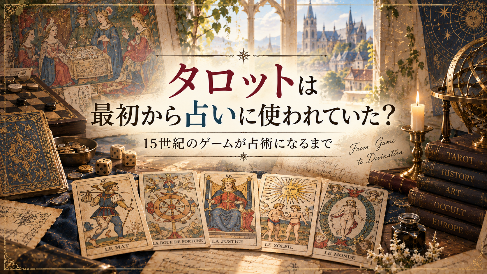 タロットが15世紀のカードゲームから占術へ変化していく歴史を探るENrich研究所のアイキャッチ画像。中世ヨーロッパの室内に初期のタロットカードやゲーム盤、コイン、古書を並べ、遊戯として使われていた時代から占いへとつながる歴史を表現している。