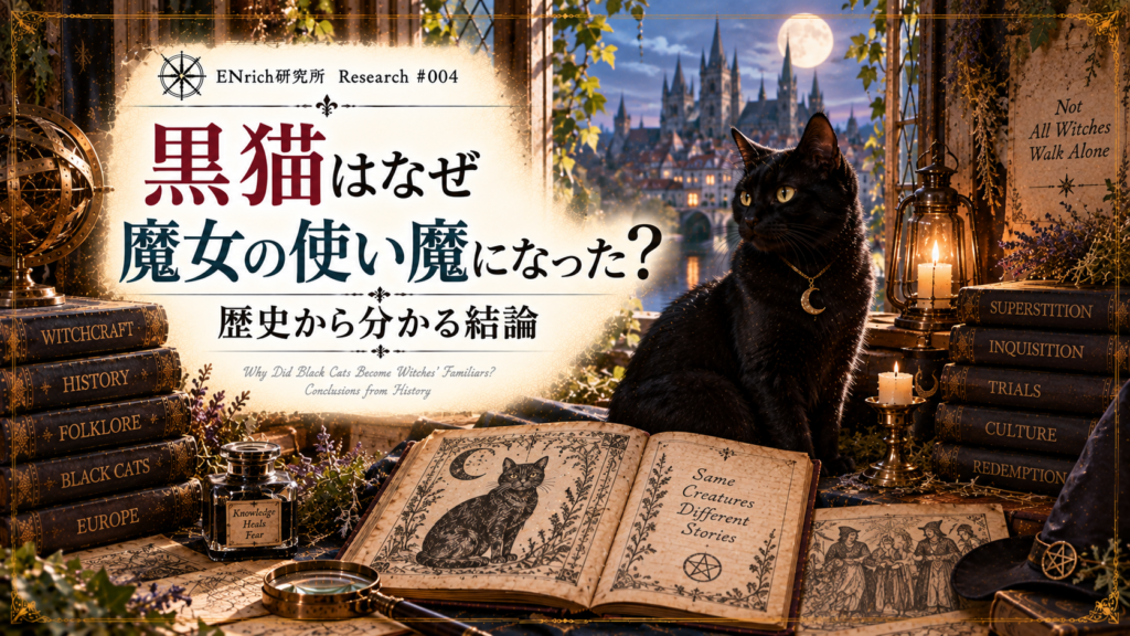 黒猫が魔女の使い魔として語られるようになった背景を歴史から考察するENrich研究所の見出し画像。ヨーロッパの古い街並みと黒猫、魔女裁判や民間伝承を思わせる古書・史料を描き、魔女と黒猫の結びつきが形成されていった歴史を表現している。