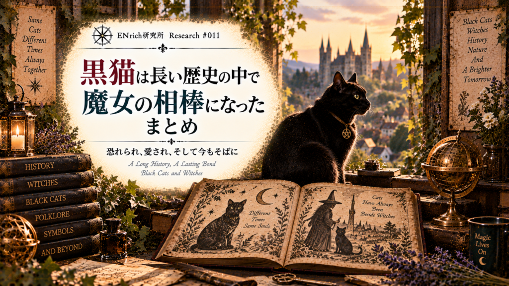 黒猫と魔女の関係の歴史をまとめたENrich研究所の見出し画像。黒猫、魔女と猫を描いた古い文献、古書を配置し、中世から近世の魔女裁判や使い魔の伝承を経て、黒猫が魔女を象徴する相棒として定着していく歴史を表現している。
