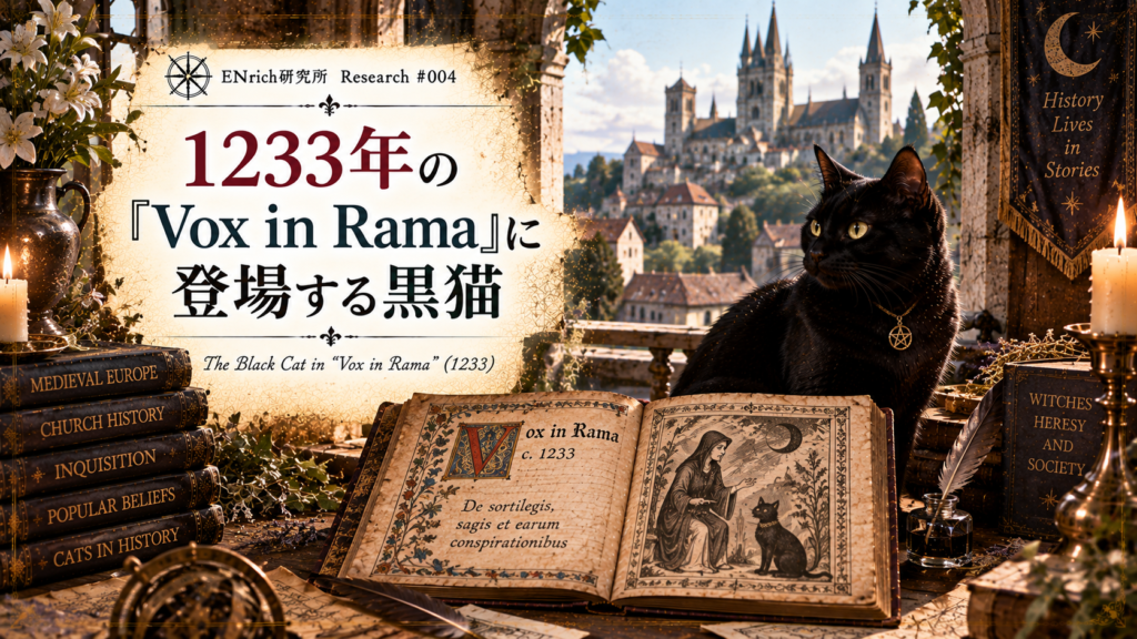 1233年の教皇文書『Vox in Rama』に登場する黒猫について調べるENrich研究所の見出し画像。中世ヨーロッパの教会や街並みを背景に、黒猫、古い写本、羊皮紙や歴史資料を描き、当時の異端をめぐる記述と黒猫のイメージを表現している。