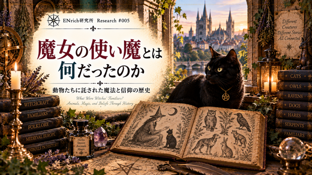 魔女の使い魔とは何だったのかを歴史や伝承から探るENrich研究所の見出し画像。黒猫を中心に、猫やフクロウ、カラス、犬、野ウサギなど使い魔として語られた動物の古い図像や文献を描き、魔女と動物の関係がどのように考えられていたのかを表現している。