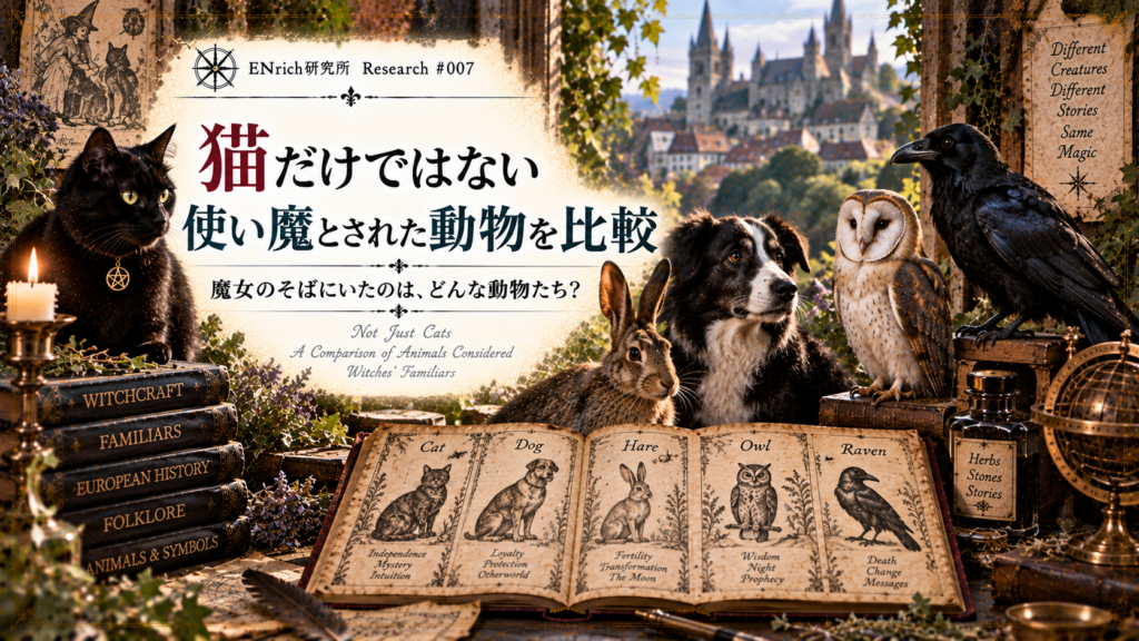 魔女の使い魔とされた動物を比較するENrich研究所の見出し画像。黒猫、犬、野ウサギ、フクロウ、カラスなどを古い図像や文献とともに描き、ヨーロッパの魔女伝承や魔女裁判でさまざまな動物が使い魔として語られてきたことを表現している。