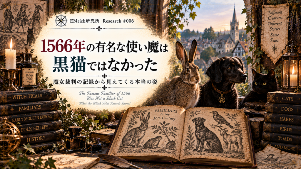 1566年の魔女裁判に記録された使い魔について調べるENrich研究所の見出し画像。黒猫だけではなく、犬や野ウサギ、鳥、ヒキガエルなどさまざまな動物が使い魔として語られていた歴史を、古い裁判記録や図像とともに表現している。