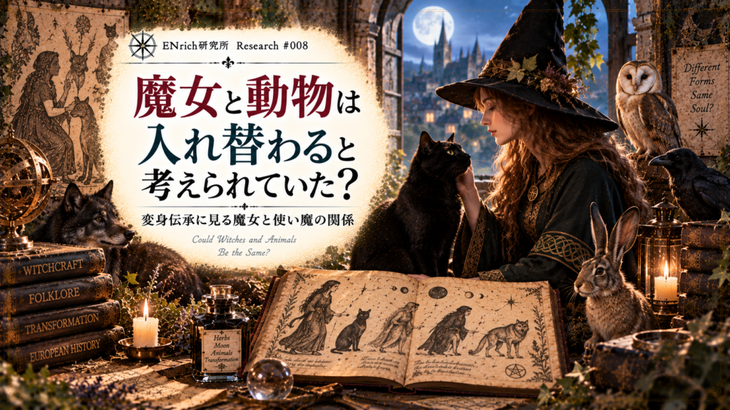 魔女が動物へ姿を変えると考えられていた伝承を探るENrich研究所の見出し画像。魔女と黒猫、野ウサギ、オオカミ、フクロウ、カラスを描き、人と動物の姿が入れ替わるというヨーロッパの変身伝承と使い魔の関係を表現している。
