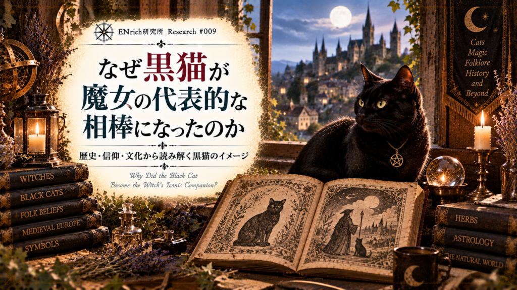 黒猫が魔女の代表的な相棒として定着した理由を探るENrich研究所の見出し画像。月夜のヨーロッパの街と黒猫、魔女と猫を描いた古い図像や文献を配置し、魔女裁判や民間伝承、黒猫への信仰やイメージが重なっていく歴史を表現している。