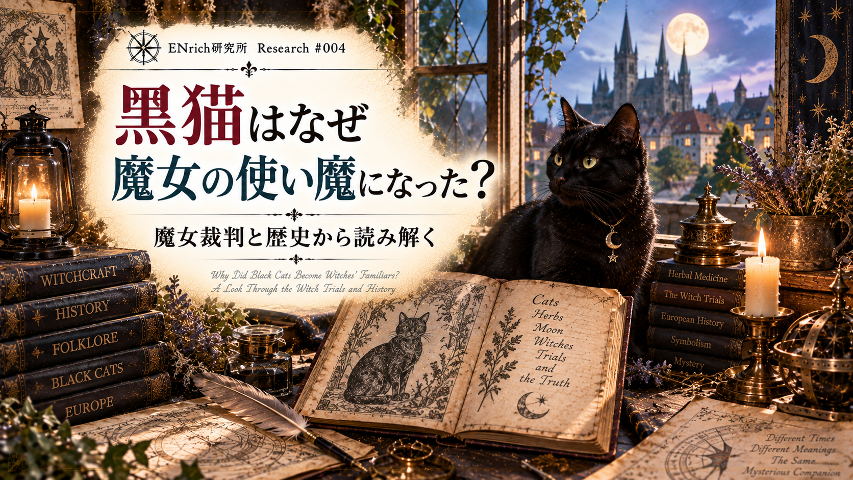 黒猫がなぜ魔女の使い魔として描かれるようになったのかを、魔女裁判やヨーロッパの歴史から探るENrich研究所のアイキャッチ画像。中世ヨーロッパ風の街並みを背景に、黒猫、古書、薬草、古い文献を描き、魔女と黒猫のイメージが形成された歴史を表現している。