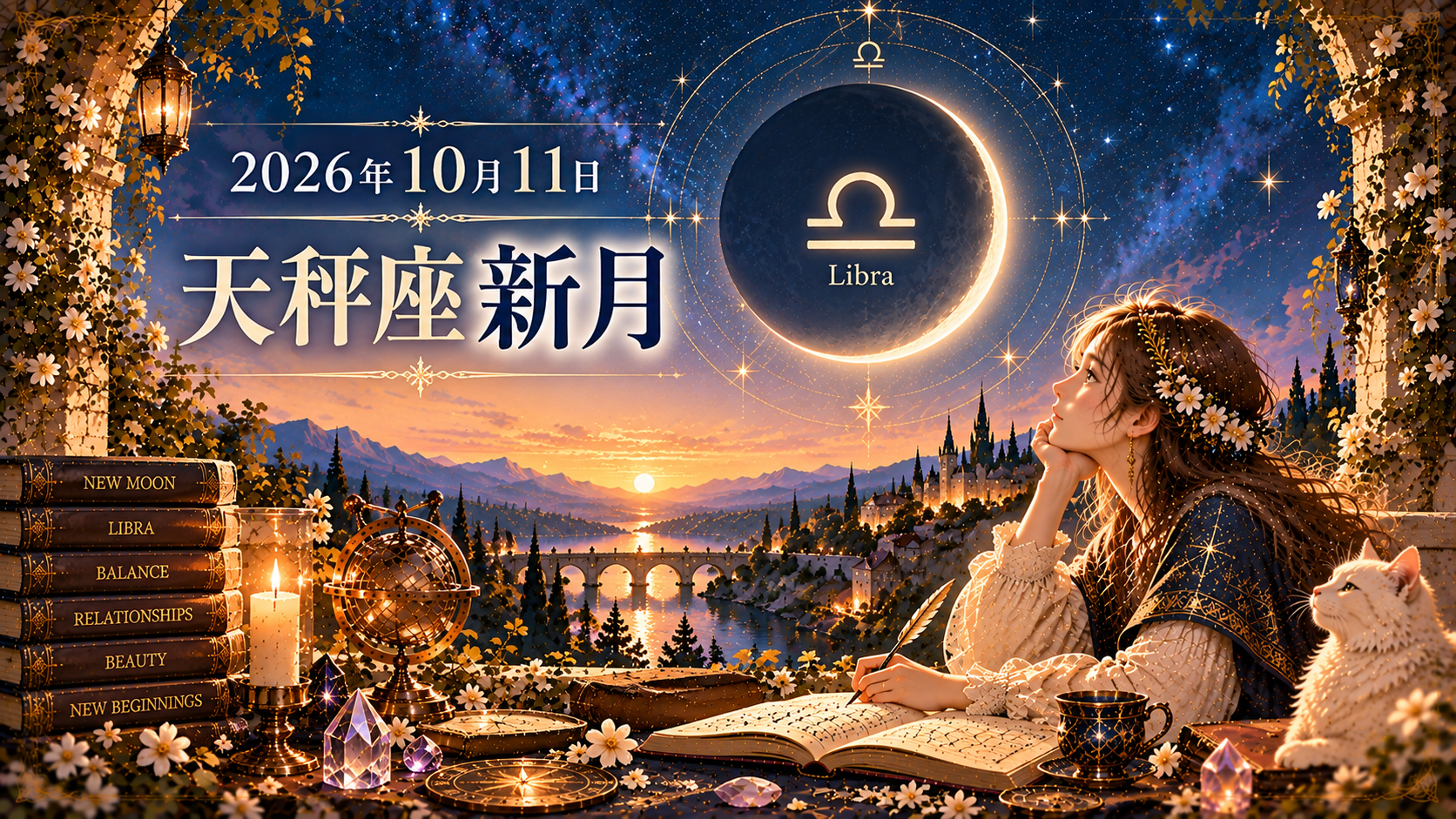 2026年10月11日の天秤座新月をテーマに、夕暮れの星空と幻想的な街並みを背景に、天秤座の新月を見上げる女性と白猫、占星術の本やキャンドルを描いたアイキャッチ画像。バランス・人間関係・美しさ・新しい始まりを表現している。