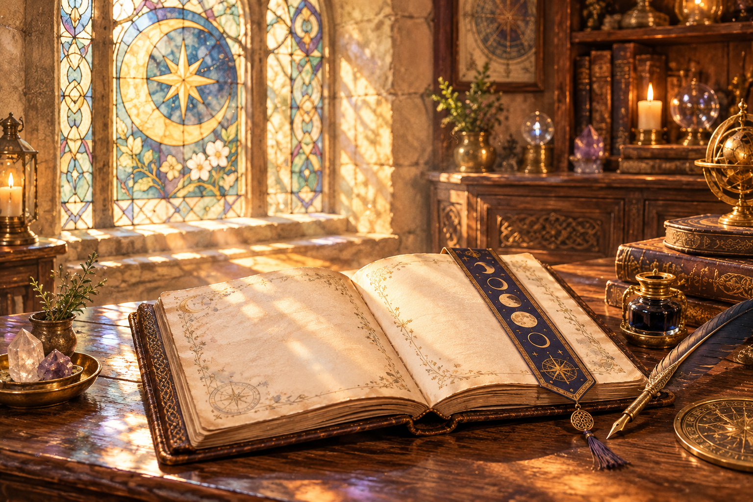 月と星の物語を綴るアンティークの書物